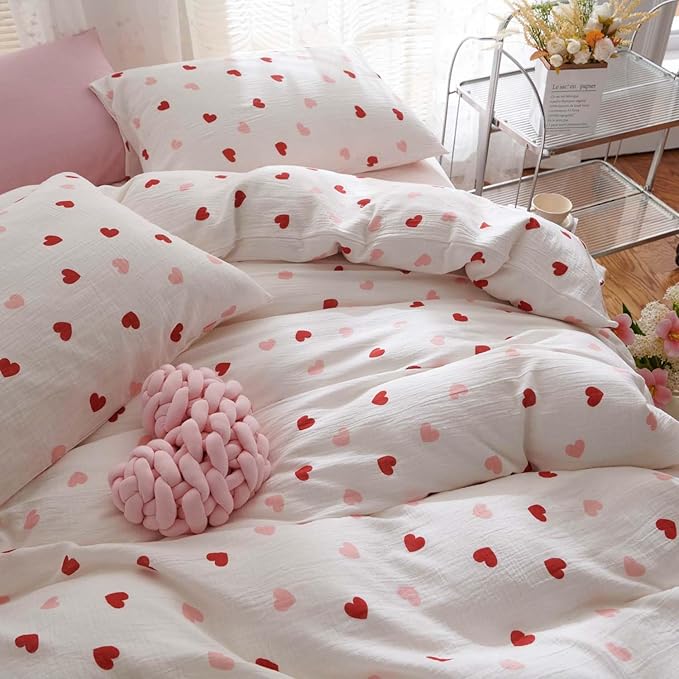 Nayoroom Heart Duvet Cover Set Queen Size Red Pink Hearts Printed on White - Image 5