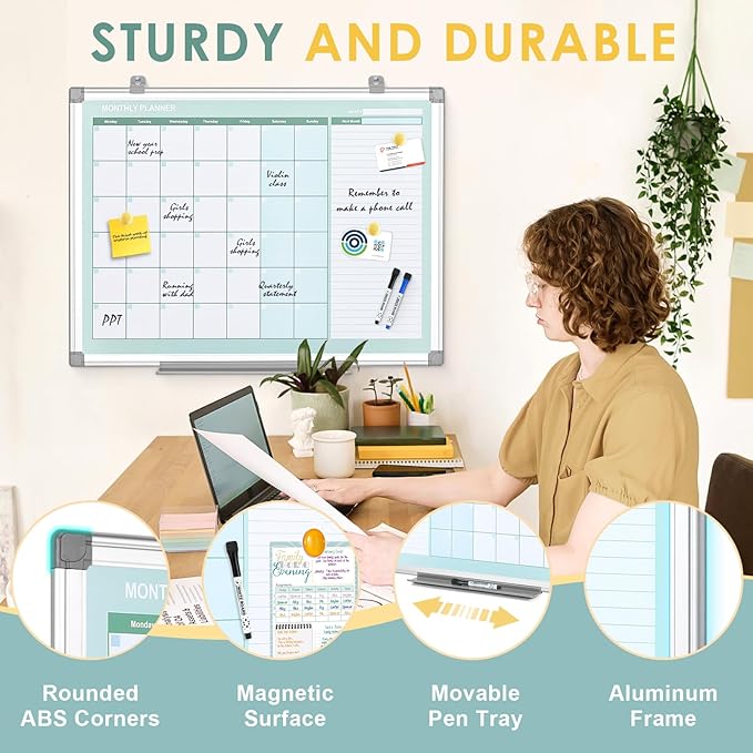 MAKELLO Dry Erase Calendar for Wall 24" x 18", White Board Calendar with Next Month for Office, Family, Kitchen and Bedroom