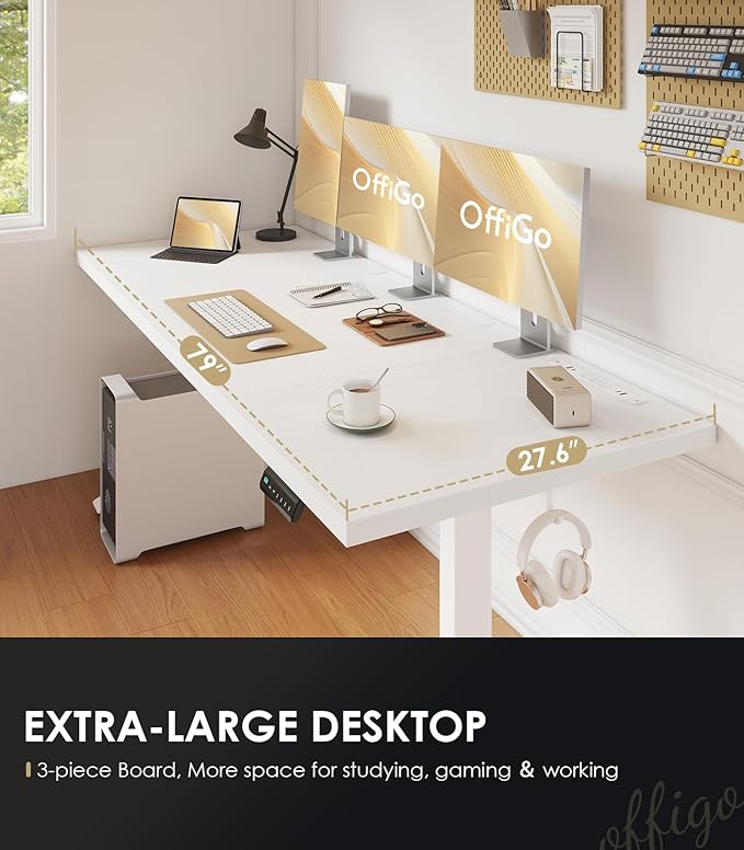 OffiGo 79 Inch Executive Electric Standing Desk, Height Adjustable Desk with Power Outlet & 1.38" Thick 3-Piece Desktop, Sit Stand Computer Desk for Home, Office, Conference Room, White