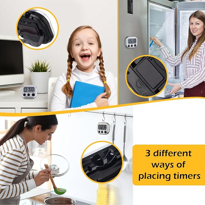 Leumoi 24 Pcs Digital Kitchen Timers Magnetic Back Timers Bulk Large Screen Loud Alarm On/Off Switch Minute Second Count up Countdown Memory Setting for Cooking Classroom Exercise (Sliver and Black)