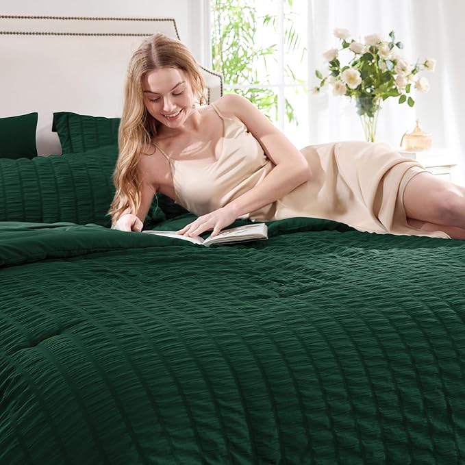 CozyLux King Size Comforter Set Emerald Green Seersucker 7 Pieces Bed in a Bag - Image 3
