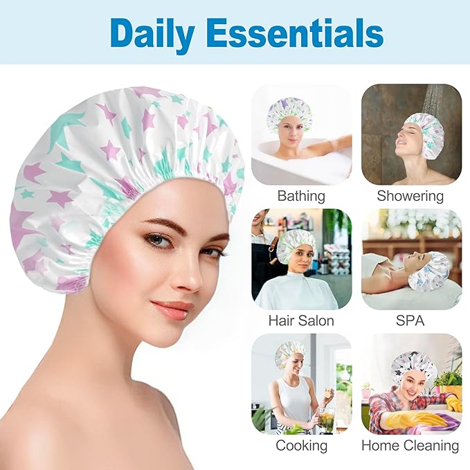 6 PCS Shower Caps for Women, Double Side Waterproof Shower Cap, Reusable - Image 2