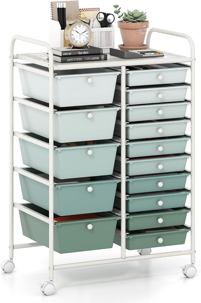 GOFLAME 15-Drawer Rolling Storage Cart, Craft Storage Cart with Removable Drawers & Lockable Wheels, Art Cart Supply Storage Organizer for Home Office Classroom, Green Gradient