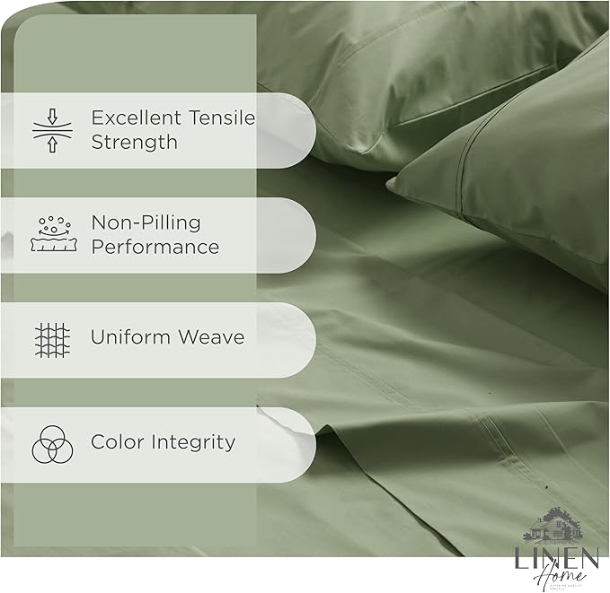 Linen Home 100% Cotton Percale Sheets Twin Size, Oil Green, Deep Pocket - Image 2