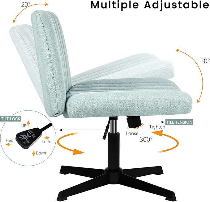 PUKAMI Criss Cross Chair,Armless Cross Legged Office Desk Chair No Wheels,Fabric Padded Modern Swivel Height Adjustable Mid Back Wide Seat Computer Task Vanity Chair for Home Office(Mint Green)