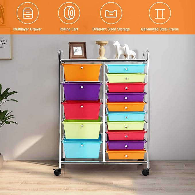 GOFLAME 15-Drawer Rolling Storage Cart, Craft Storage Cart with Removable Drawers & Lockable Wheels, Art Cart Supply Storage Organizer for Home Office Classroom, Multicolor