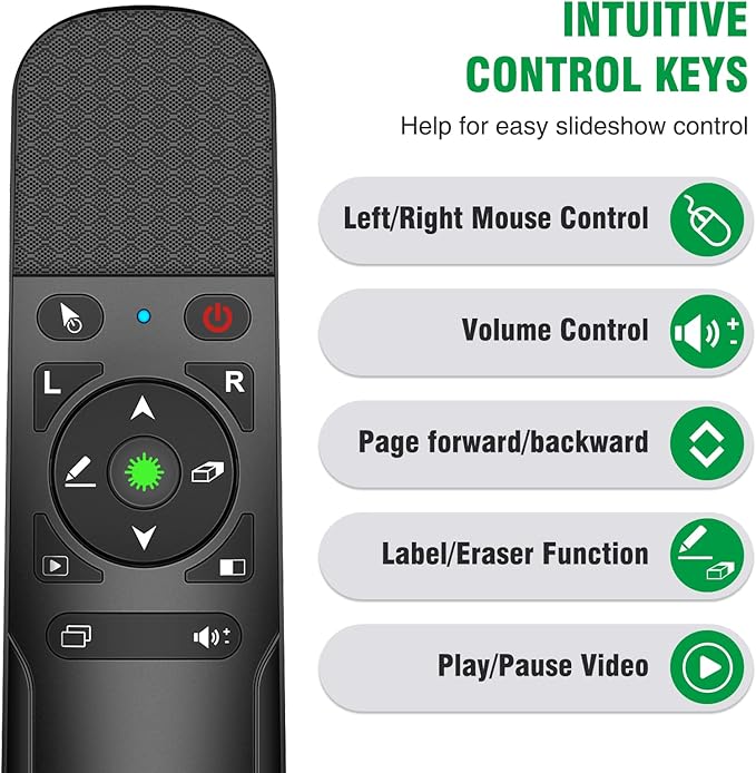Presentation Clicker Mouse Control with Green Light for PowerPoint Presentations, Wireless Presenter Remote Control Slide Clicker for Classroom Office
