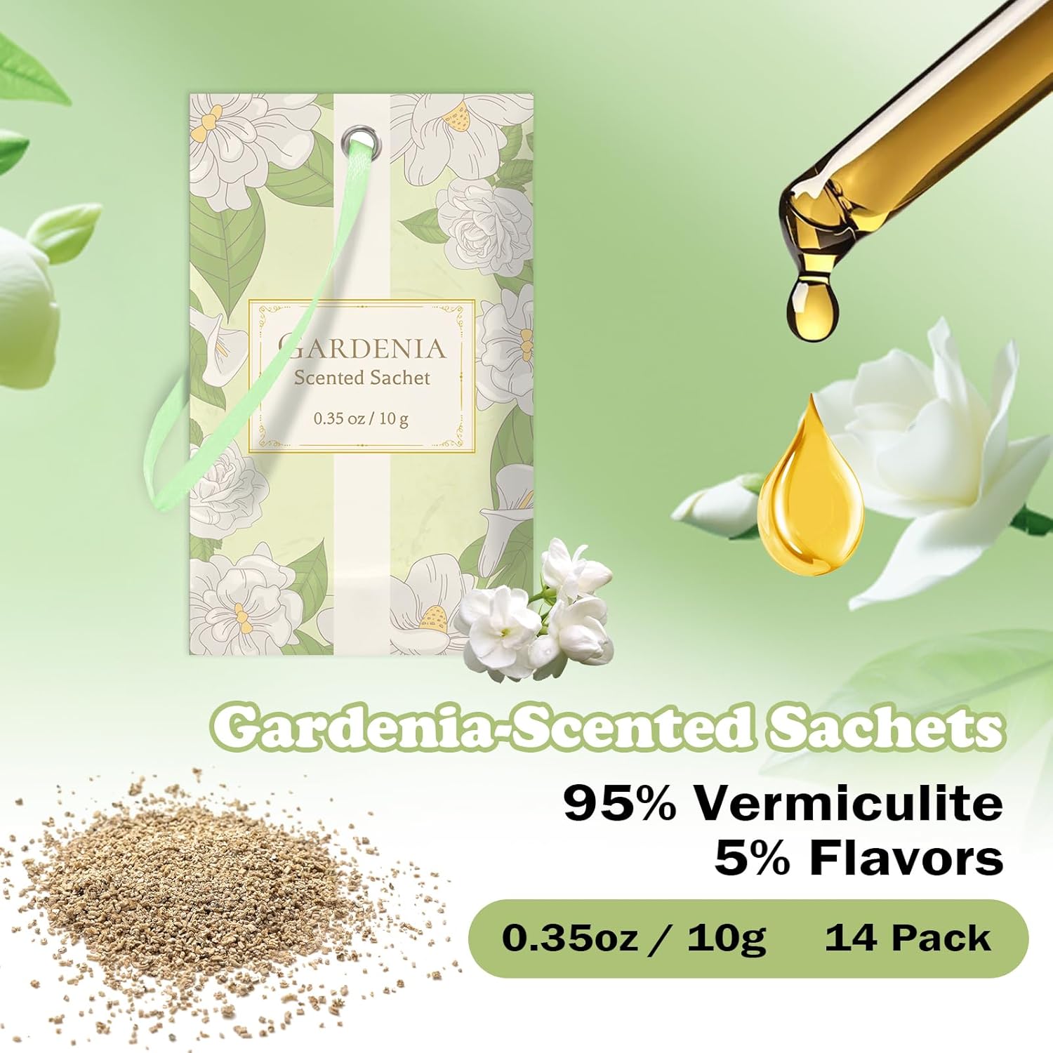 SCENTORINI Scented Sachets for Drawers and Closets, Gardenia Scent 14 Pack, Long-Lasting Sachets Bags Wardrobe Freshener, for Shoe Wardrobe, Cupboard