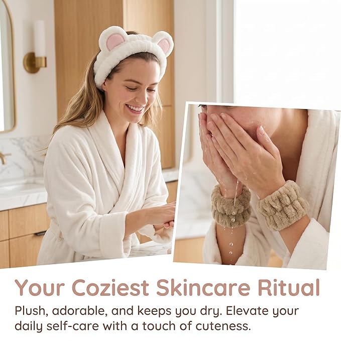 Bear Ears Headband, Cute Spa Headband and Wristband Set Washing Face Skincare - Image 2