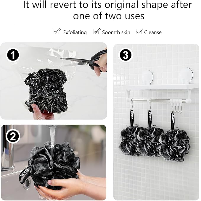 Yoget Bath Loofah Sponge, 4 Pack Black 60G Shower Mesh Ball Soft Pouf Body - Image 7
