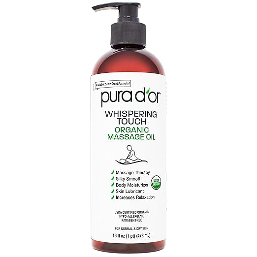 PURA D'OR 16 Oz Organic Massage Therapy Oil USDA Certified Body Moisturizer & by PURADOR