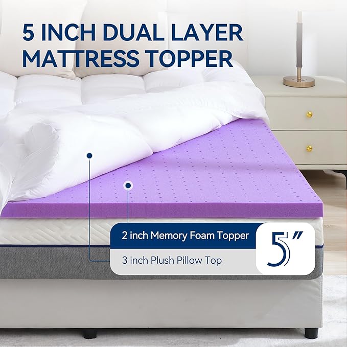 BDEUS Dual Layer 5 Inch Memory Foam Mattress Topper King Size, 2 Inch Gel - Image 2