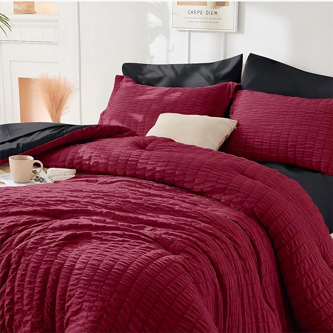 HYMOKEGE Dark Red/Black Duvet Cover King Size, Ultra Soft 3-Piece Seersucker - Image 2