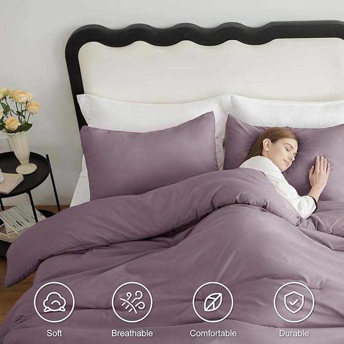 CozyLux King Size Comforter Set Dusty Purple, 3 Pieces Solid Comforters King - Image 5