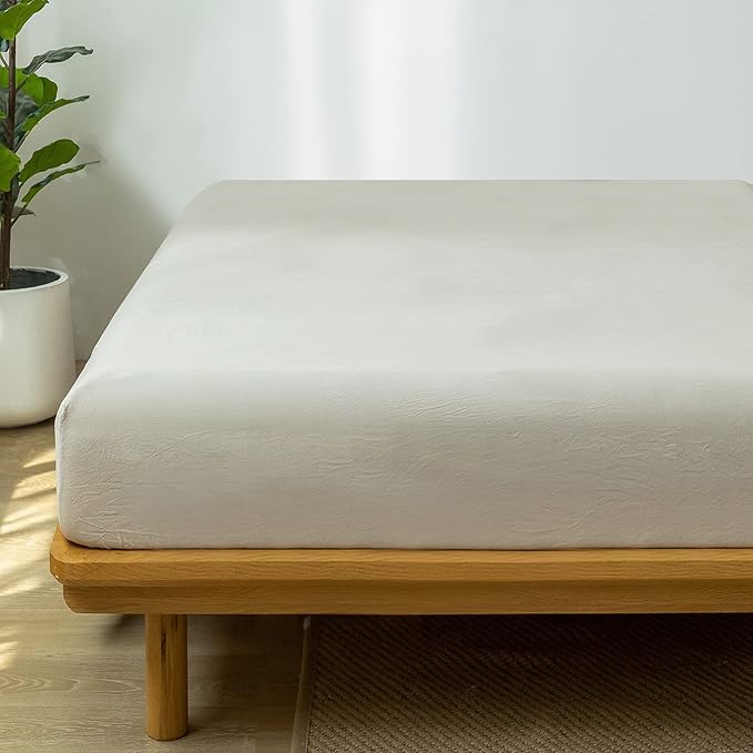 MooMee Fitted Bottom Sheet Only 100% Washed Cotton Linen Like Textured - Image 2