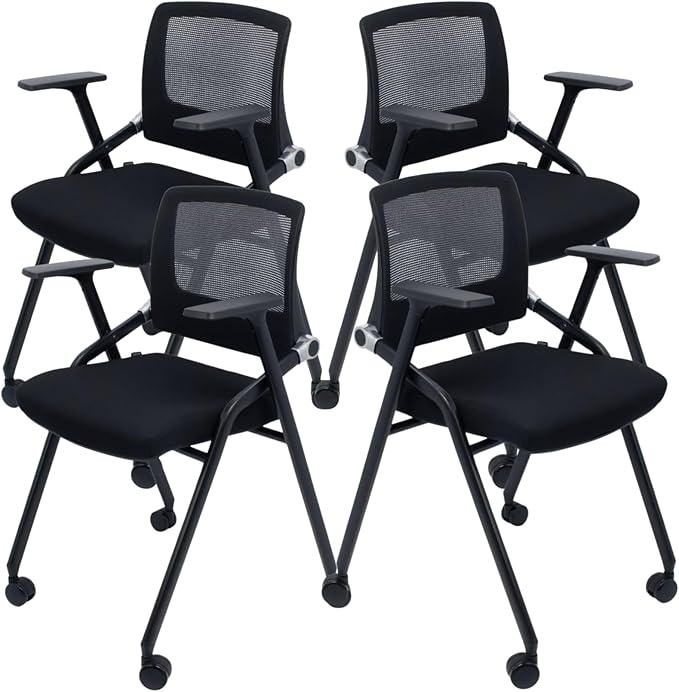 SLKJChr 4 Pack Foldable Office Chairs with Wheels, Mesh Back, Arms and Portable - Folding Office Chairs for Conference Room Chair, Office Guest & Reception & Meeting Chair - (Black) 300 lbs.