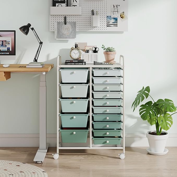 GOFLAME 15-Drawer Rolling Storage Cart, Craft Storage Cart with Removable Drawers & Lockable Wheels, Art Cart Supply Storage Organizer for Home Office Classroom, Green Gradient