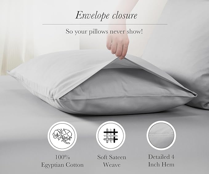 King Size Pillowcase Egyptian Cotton Set of 2, Sateen Weave, Soft and - Image 5