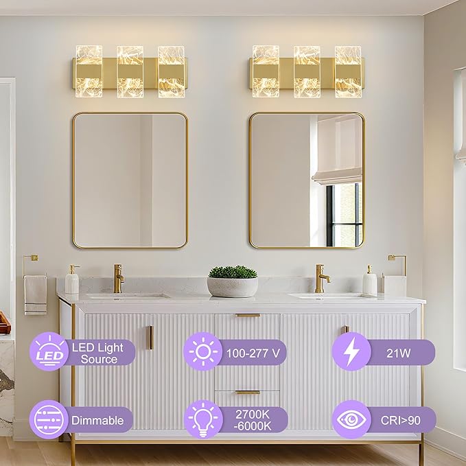 Modern LED Bathroom Light Fixtures Dimmable 3-Light Gold Vanity Light, 5CCT - Image 2