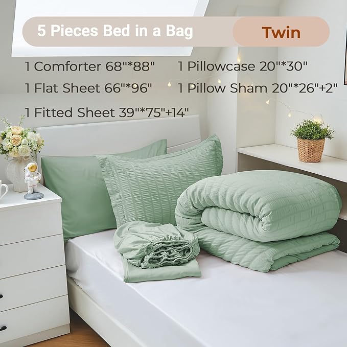 MUXHOMO 5 Pieces Twin Comforter Set, Seersucker Bed in a Bag Twin Size - Image 4