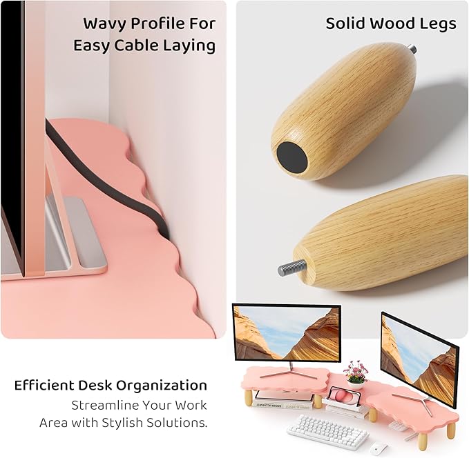 AFOOYO Dual Monitor Riser, Cookie-Shaped Adjustable Length & Swivel Angle, Wooden Desktop Organizer for 2 Monitors,Monitor Stand with Drawer for Laptop, PC, Computer, Printer,Pink