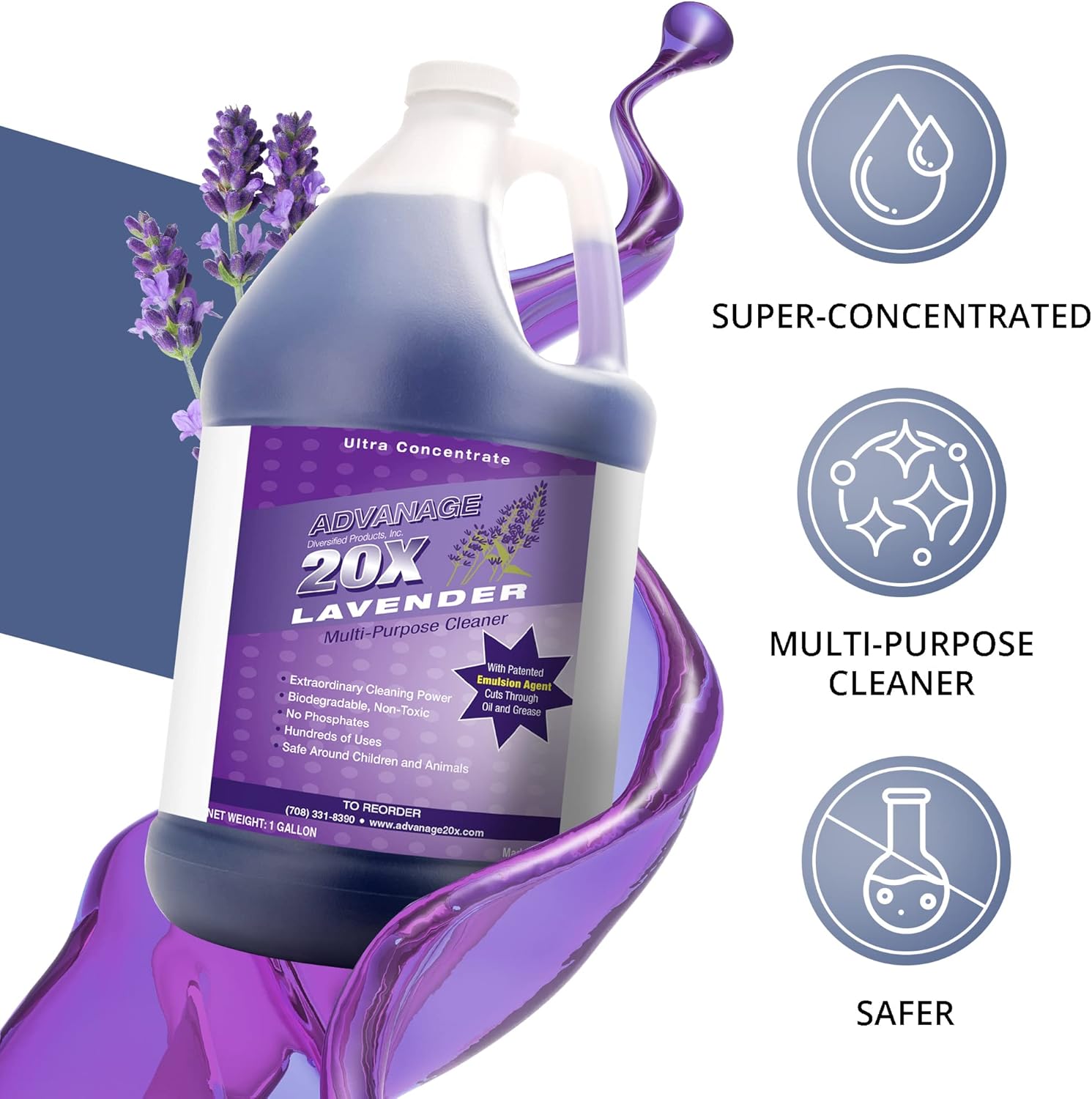 All Purpose Cleaner Concentrate - Advanage 20X The Wonder Cleaner Lavender for All Surfaces Around Bathroom, Kitchen, Oil and Grease, Multi Purpose Cleaner for Household Cleaning Solution | 128 FlOz