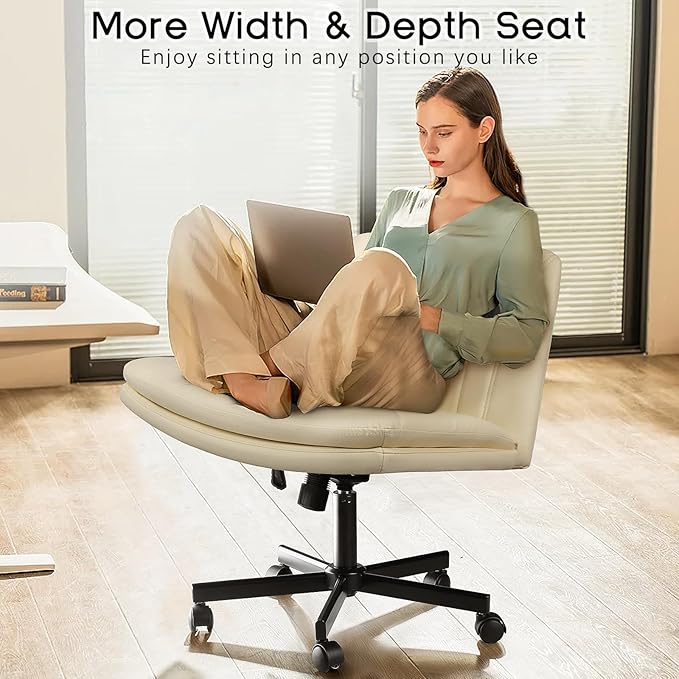 PUKAMI Criss Cross Chair with Wheels,Armless Cross Legged Office Desk Chair,PU Leather Modern Swivel Height Adjustable Wide Seat Computer Task Vanity Chair for Home Office(Beige)