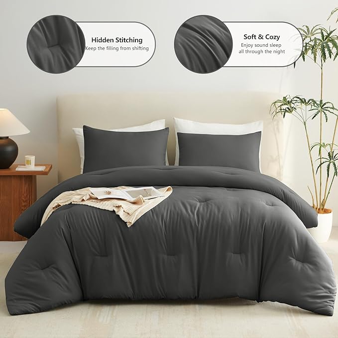 CozyLux Twin Comforter Set Dark Grey, 2 Pieces Twin Extra Long Solid Breathable - Image 2