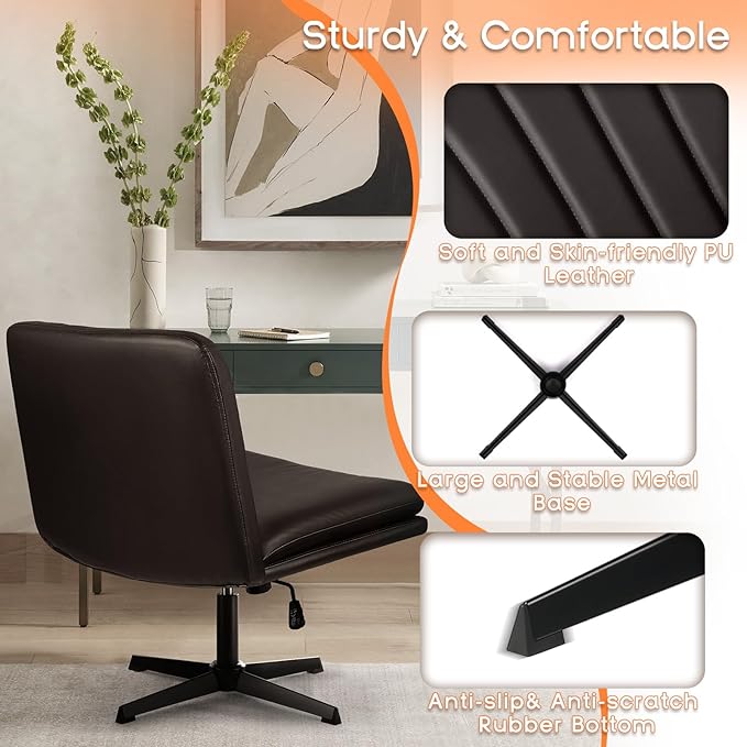 PUKAMI Criss Cross Legged Office Chair,Armless Office Desk Chair No Wheels,PU Leather Modern Swivel Vanity Chair,Height Adjustable Wide Seat Mid Back Computer Task Chair for Home Office, Brown