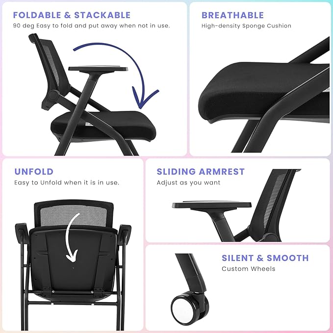 BROBRIYO, 10 Pack Stackable Conference Room Chairs with Wheels and Paddle, Ergonomic Mesh Back and Arms for Meeting, Conference, Reception, Training Room & Home Office Desk Folding Chairs, Black
