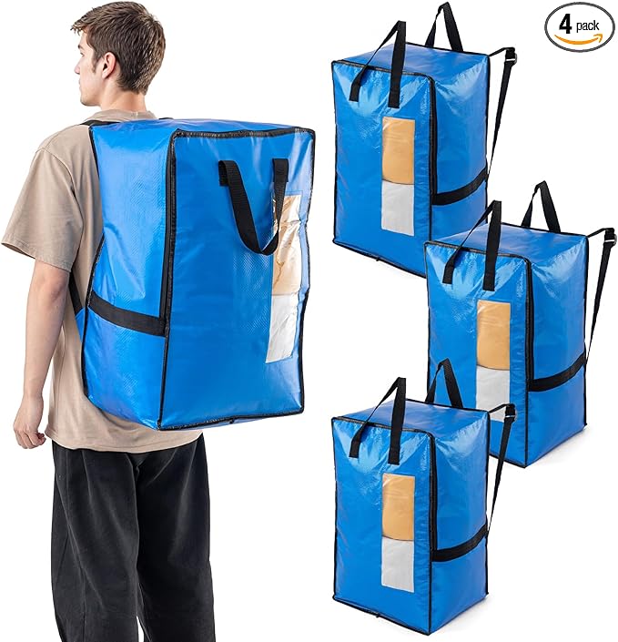 TAILI 4 Pack Blue Moving Bags w/Adjustable Backpack Straps, Moving Supplies, Moving Boxes Alternative, Heavy Duty Storage Totes for College Packing, Camping Backpack for Travel, Dorm, Laundry