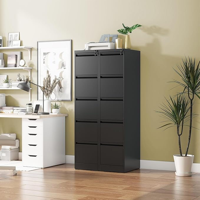 Reegangfa 5 Drawer File Cabinet with Lock, 18" D Metal Vertical File Cabinets, Steel File Storage Cabinets for Home Office, Hanging A4 Legal/Letter Size Narrow Filing Cabinet, Assembly Required