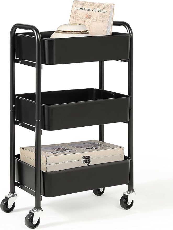 SunnyPoint 3-Tier Delicate Compact Rolling Metal Storage Organizer - Mobile Utility Cart Kitchen/Under Desk Cart with Caster Wheels - BLK (15.35" X 10.24" X 26.8"H)