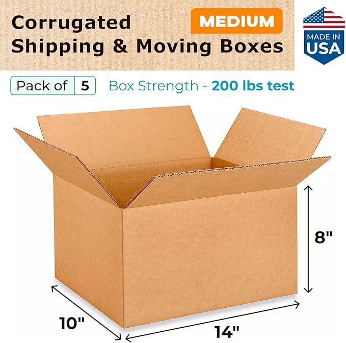Medium Moving & Shipping Boxes 14 x 10 x 8 inches (5-Pack) - Extra Strength 200 lb vs Regular - Corrugated Packaging Box, Made in USA - Box for Shipping - Cardboard Box by IDL Packaging