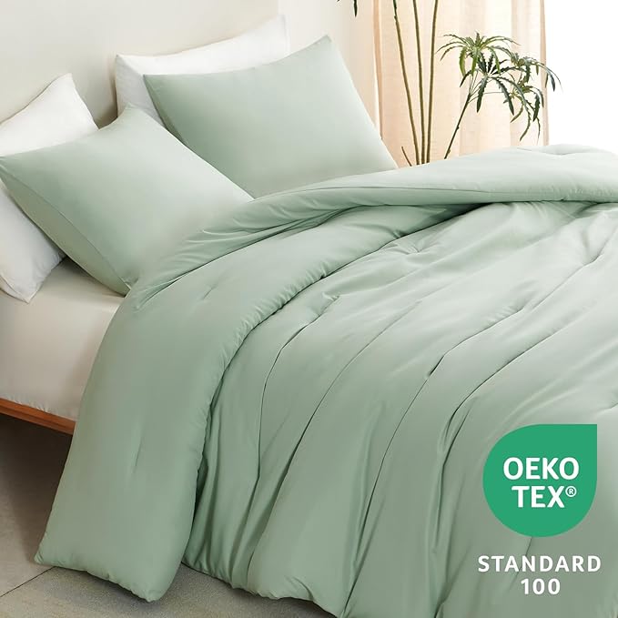 CozyLux King Size Comforter Set Sage Green, 3 Pieces Solid Comforters King Size - Image 4