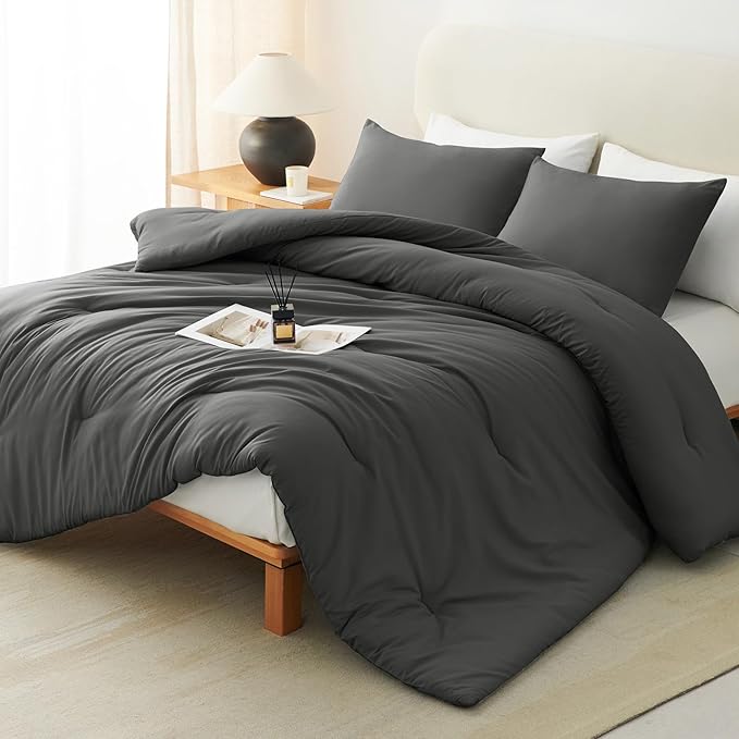 CozyLux King Size Comforter Set Dark Grey, 3 Pieces Solid Comforters King Size by CozyLux