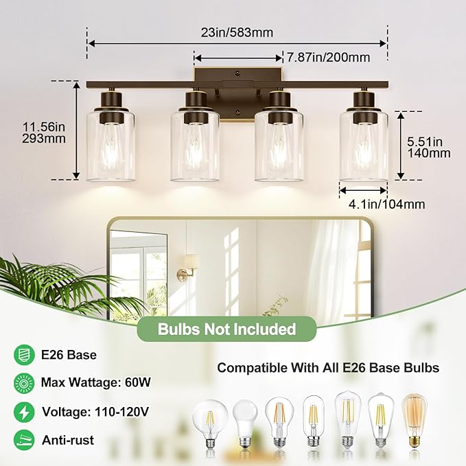 Indoi 4 Light Bathroom Light Fixtures, Oil-Rubbed Bronze Modern Vanity Lights - Image 8