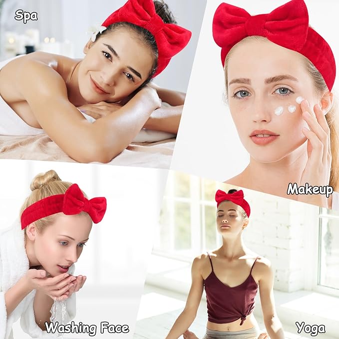 Casoty 12 Pcs Red Spa Headbands, Facewash Headbands, Soft Coral Fleece Makeup - Image 5