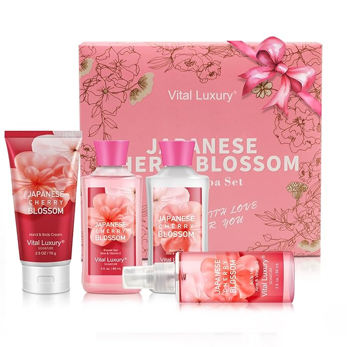 Mother’s Day Gift Set for Women – 4PC Japanese Cherry Blossom Luxury Spa Kit by Bodybeau