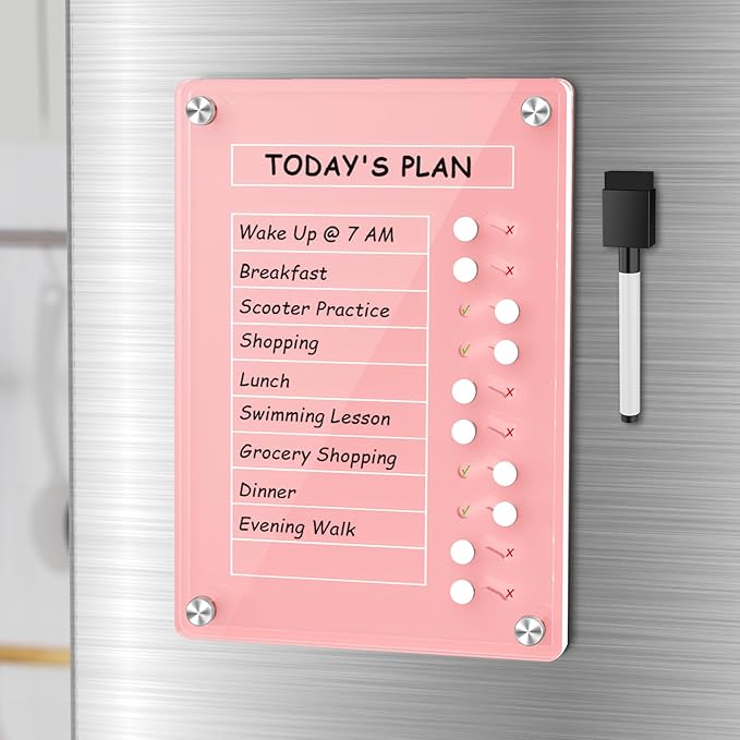 NiHome Acrylic Magnetic To Do List Planning Board with Sliders & Desktop Stand, Kids & Adults Chore Chart, Checklist Routine Chart Task Board for Fridge & Desk, For Magnetic Metal Surfaces Only (Pink)