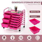 GOFLAME 9-Drawer Rolling Storage Cart, Mobile Utility Cart with Removable Drawers & Metal Frame, Art Craft Organizer Cart with Lockable Wheels, Storage Drawer Cart for Home Office School, Hot Pink
