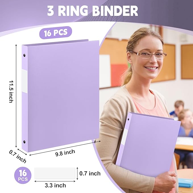 Henoyso 16 Pcs 3 Ring Binder 0.5 Inch Round Fits Letter Size 8.5'' x 11'' Paper Plastic Flexible Binder Bulk Holds 140 Sheets with 1 Pockets Versatile Organizer for Home Office School (Light Purple)
