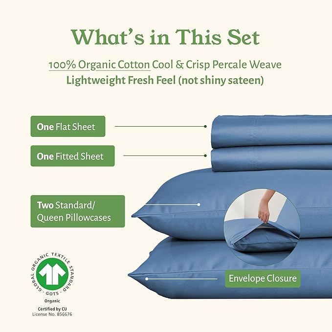 California Design Den Soft 100% Organic Cotton Sheets Queen Size Bed Set - Image 4