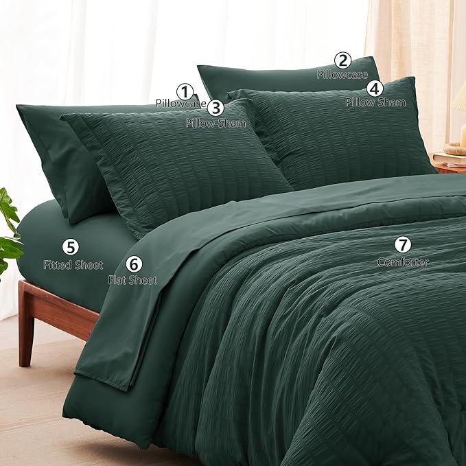 CozyLux King Size Comforter Set Forest Green Seersucker 7 Pieces Bed in a Bag - Image 8