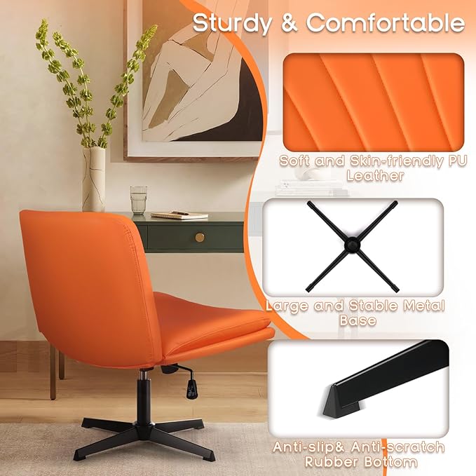 PUKAMI Criss Cross Legged Office Chair,Armless Office Desk Chair No Wheels,PU Leather Modern Swivel Vanity Chair,Height Adjustable Wide Seat Mid Back Computer Task Chair for Home Office