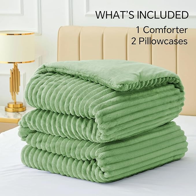 BEDELITE Fleece Full Comforter Set -Super Soft & Warm Fluffy Green Bedding - Image 6
