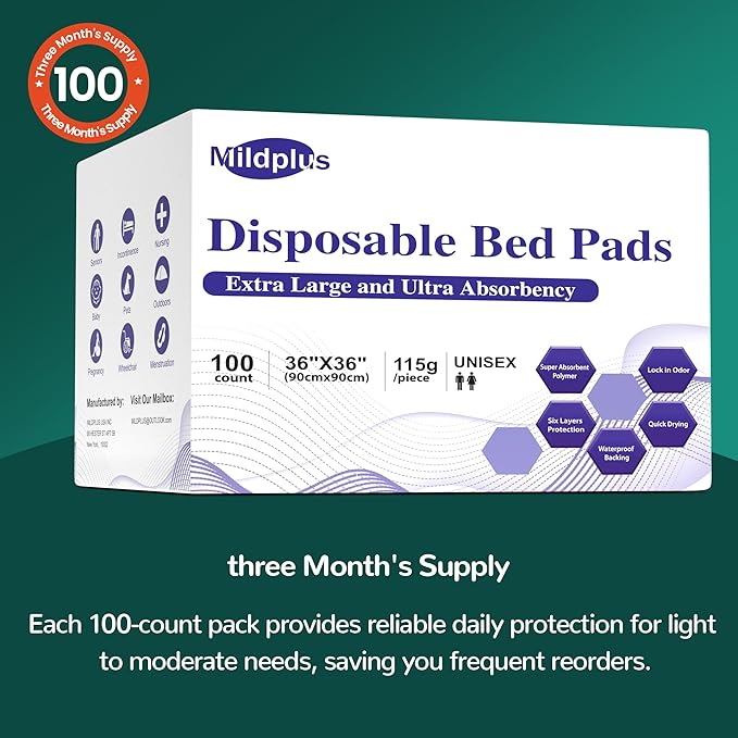 MILDPLUS 100 Count Disposable Bed Pads, 36x36 Inch Extra Large Incontinence - Image 5