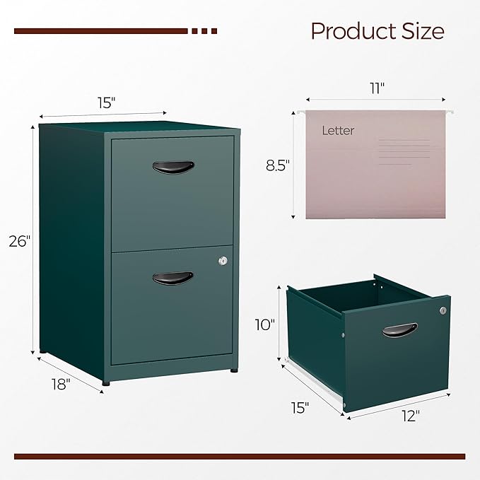 Kubohogar 2 Drawer File Cabinet with Lock,Green Metal Filing Cabinets,Vertical Locking File Cabinet Fit Hanging Files, Letter,File Box and A4 Documents