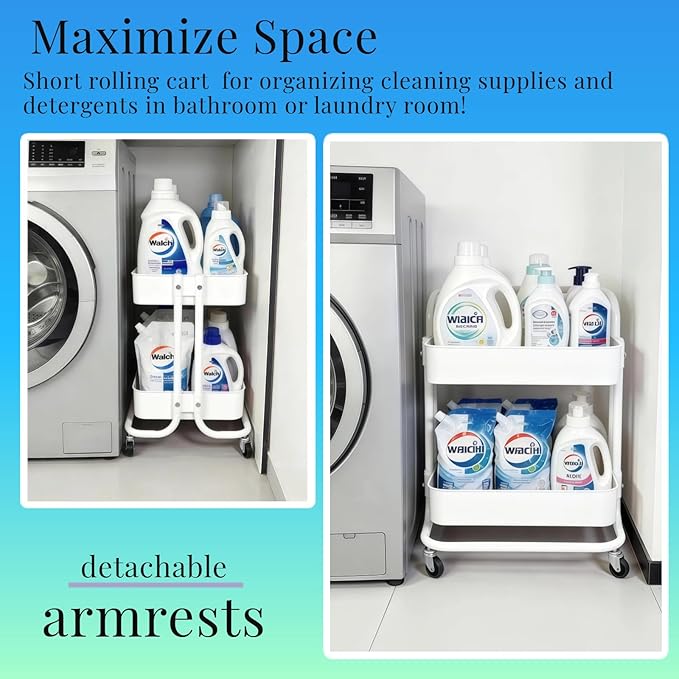 Ufriandz 2 Tier Cart with Wheels Under Desk Storage with Handle, Metal Rolling Pantry Cart for Kitchen White Small Rolling Basket for Laundry Room Bathroom, Utility Shelf Organizer for Small Space