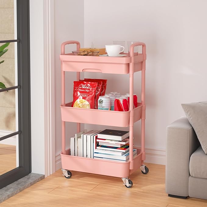 Calmootey 3-Tier Rolling Utility Cart with Drawer,Multifunctional Storage Organizer with Plastic Shelf & Metal Wheel,Storage Cart for Kitchen,Bathroom,Living Room,Office,Pink